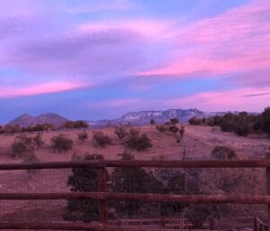 log fence with blue and pink sky