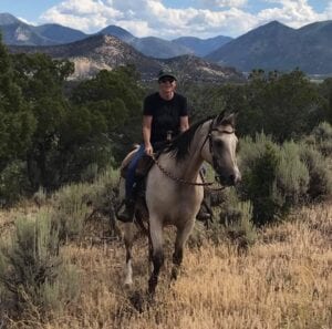 person riding horse with mountain and shrubbery